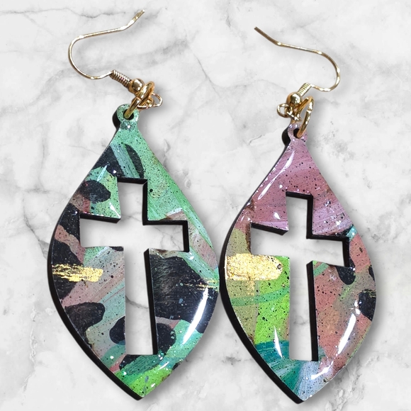 Hand Crafted Jewelry - Hand Crafted Handmade Earrings Wood Colorful Religious Church Cross Boho E015